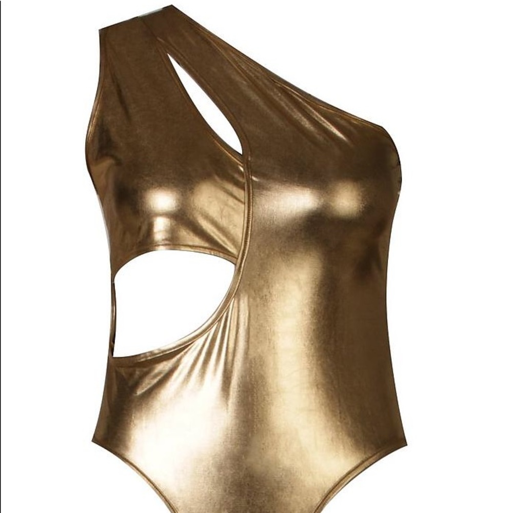 Gold metallic cut out one shoulder body suit - Picture 2 of 4